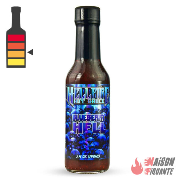 sauce piquante Blueberry Hell Fire hot ones USA La sauce piquante à la myrtille Blueberry de HellFire avec son gentil piment Buth jolokia qui avoisine les 40 000 sur l'échelle de Scoville