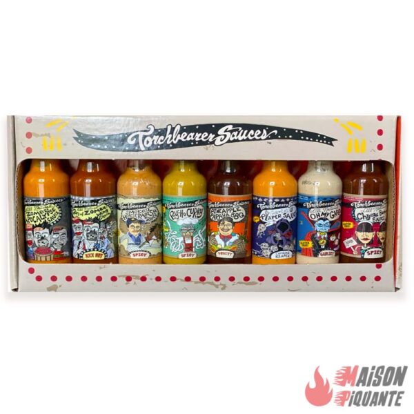 lot de 8 sauces torchbearer dans un coffret a base de piments très forts