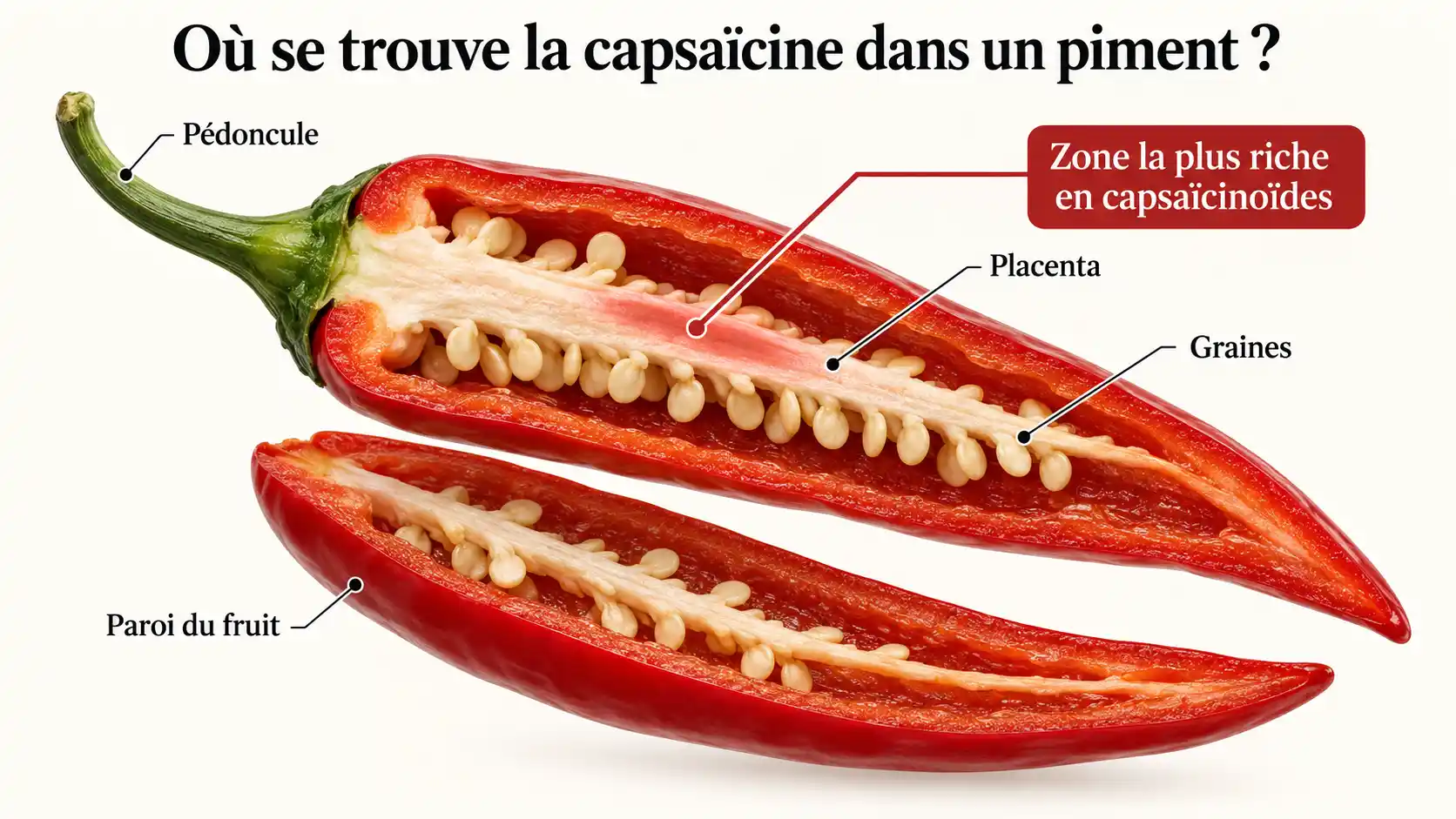 anatomie du piment, ou le piquant se trouve la zone la plus riche en capsaïcine