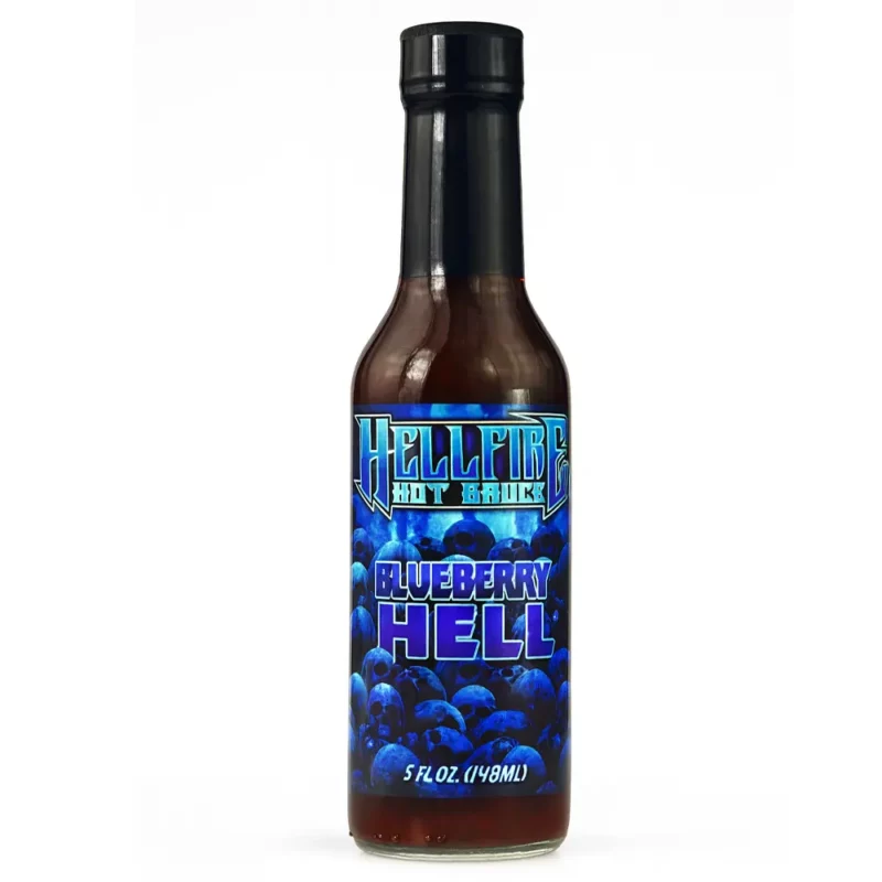 sauce piquante Blueberry Hell Fire hot ones USA La sauce piquante à la myrtille Blueberry de HellFire avec son gentil piment Buth jolokia qui avoisine les 40 000 sur l'échelle de Scoville