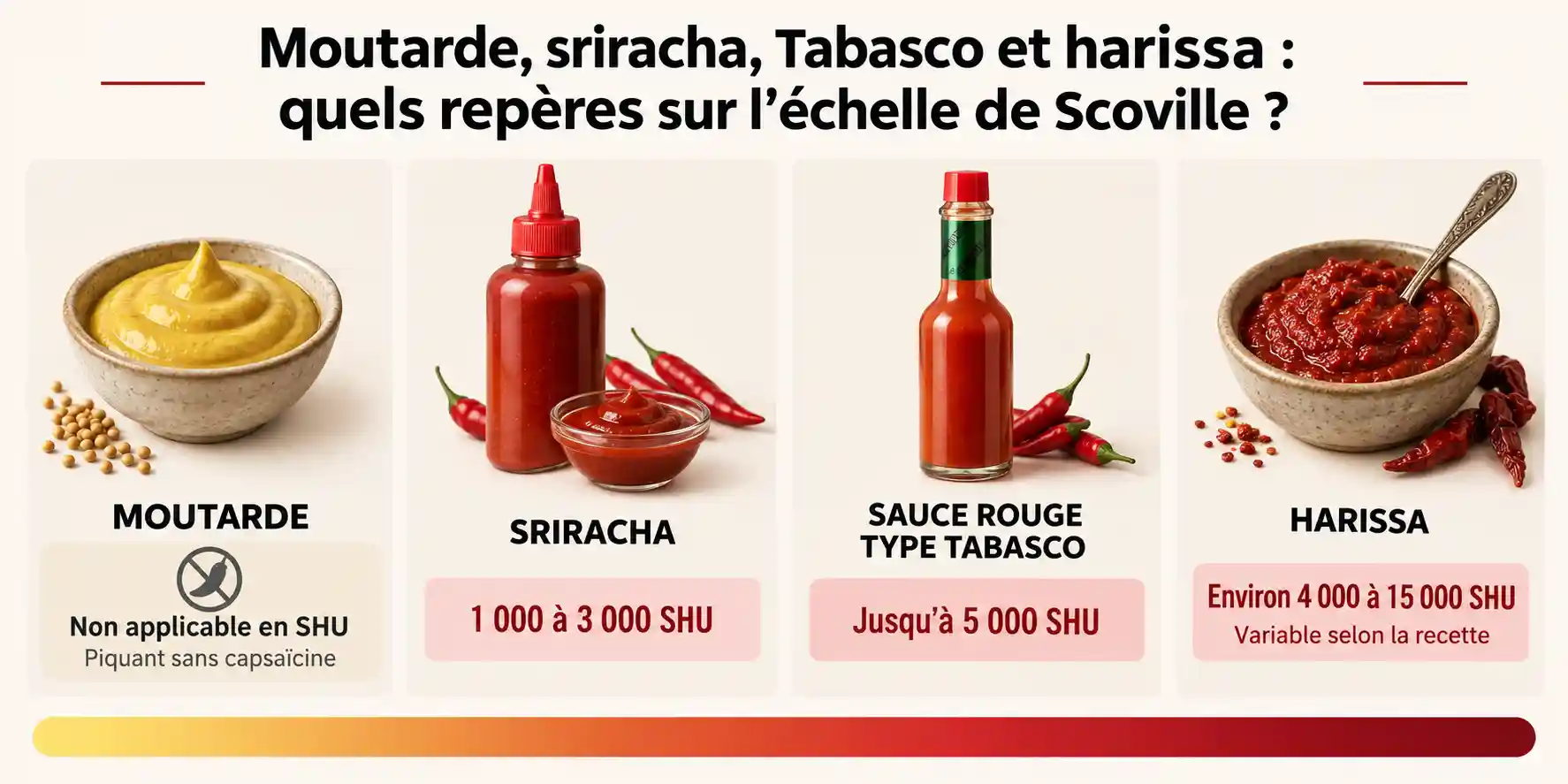 tabasco, moutarde, harissa, sriracha sur l’échelle de Scoville