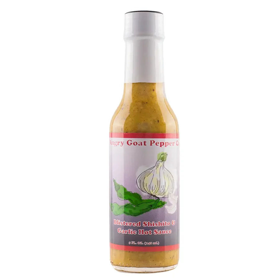 la sauce piquante hot ones de la saison 22 Blistered Shishito & Garlic Hot Sauce de chez Angry Goat Pepper Co. Sauce utilisée dans la cuisine japonaise