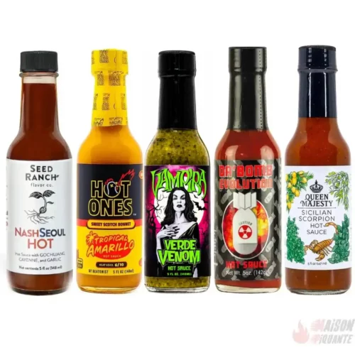 Pack de 5 sauces piquante hot ones de 300 à 800000 sur l'échelle de scoville