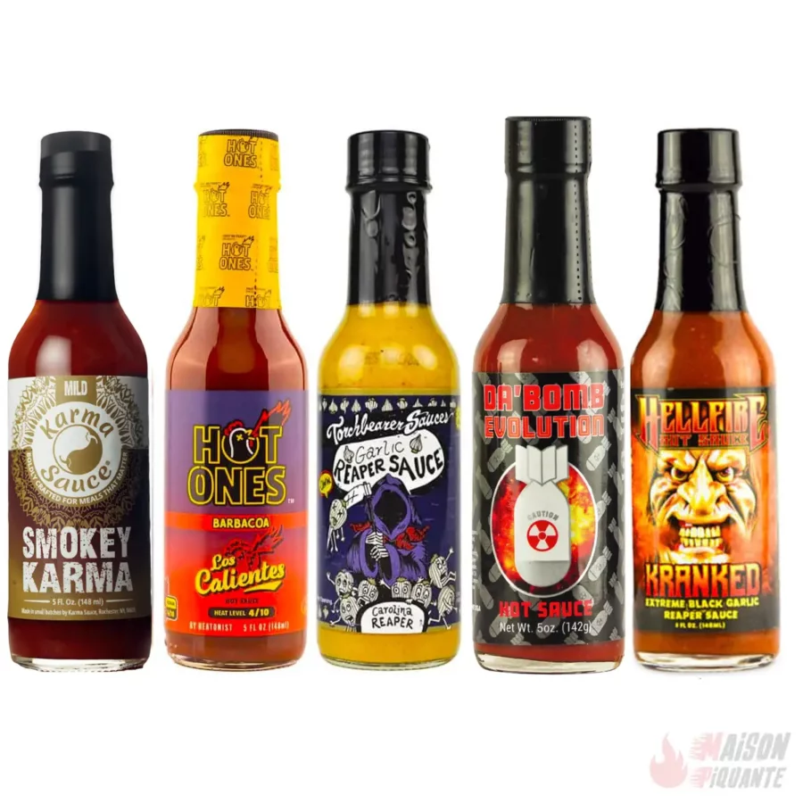 Pack de 5 sauces piquante hot ones de 900 à 700000 sur l'échelle de scoville