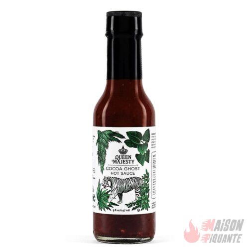 Cocoa Ghost Hot Sauce Queen Majesty avec un tigre sur l'etiquette Cacao Ananas Piment Ghost