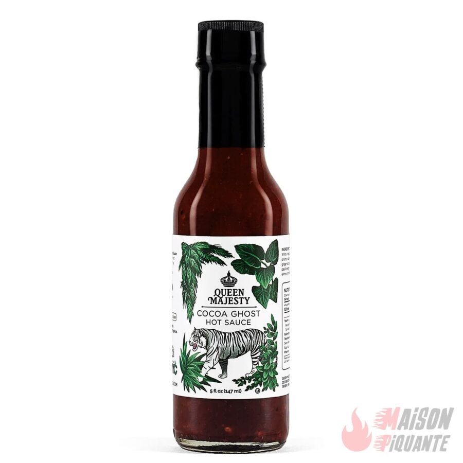 Cocoa Ghost Hot Sauce Queen Majesty avec un tigre sur l'etiquette Cacao Ananas Piment Ghost