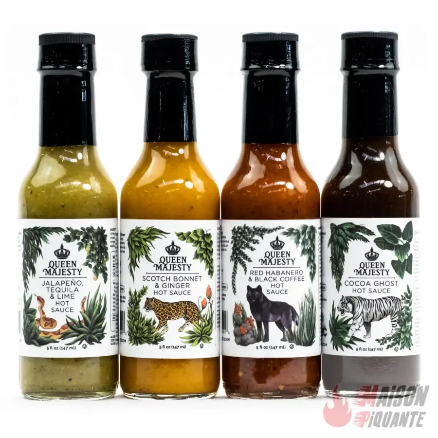 Le coffret Hot Sauce 4 bouteilles Queen Majesty regroupe 4 sauces piquantes naturelles fabriquées à New-York.