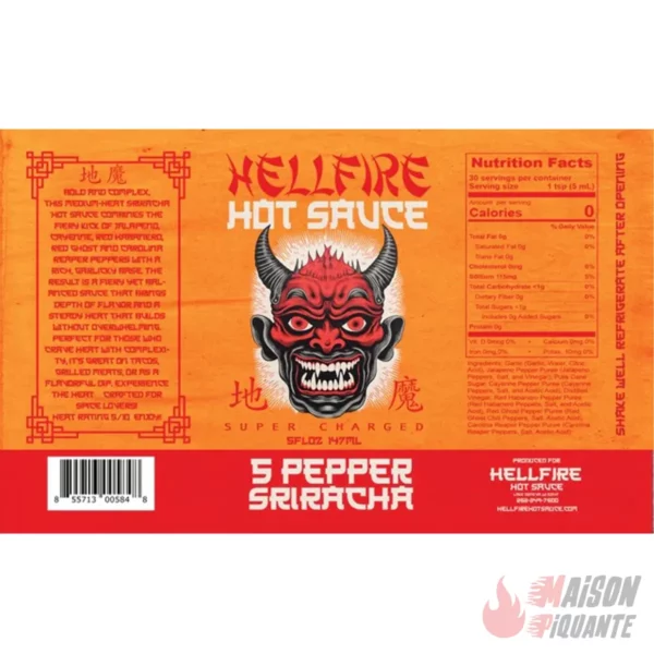 Sriracha 5 Pepper Hellfire Hot Sauce Ail et Piment