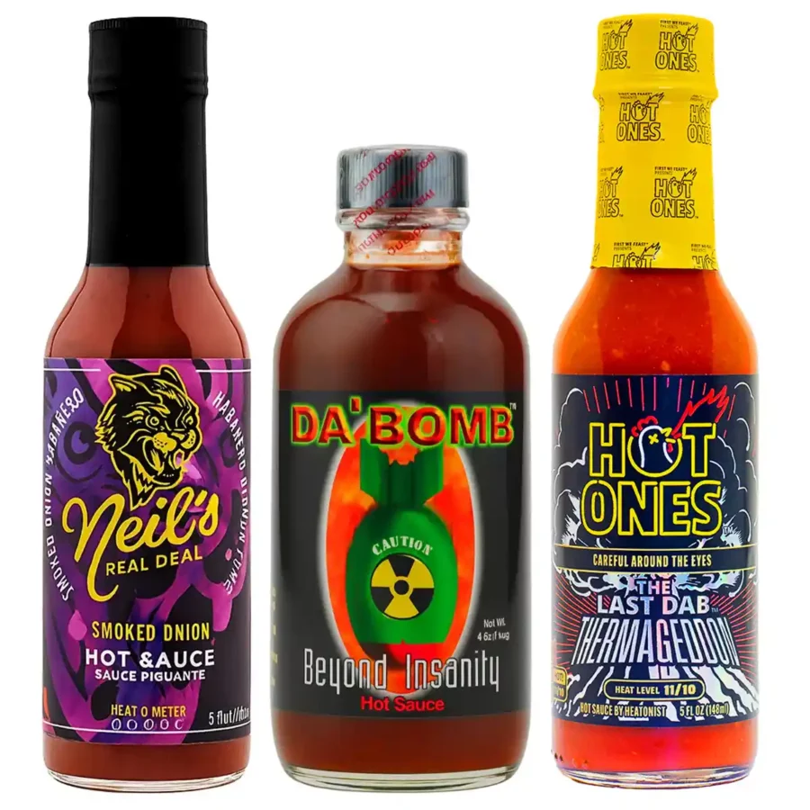 coffret de 3 sauces hot ones avec la da bomb une sauce neil's et la thermageddon