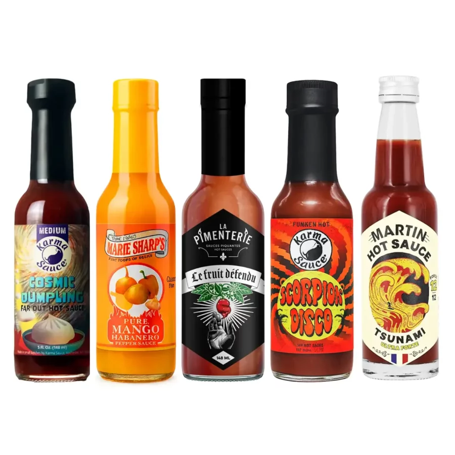 Coffret de 5 sauces piquantes avec montée progressive jusqu’à 1 million sur l’échelle de Scoville