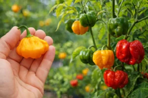Piment Scotch Bonnet jaune tenu en main avec des piments rouges et verts en arrière-plan sur plant