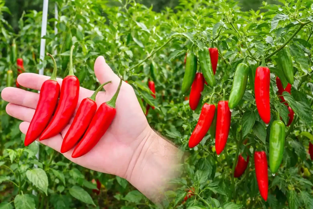 Piments serrano rouges et verts récoltés à la main sur un plant de chili serrano