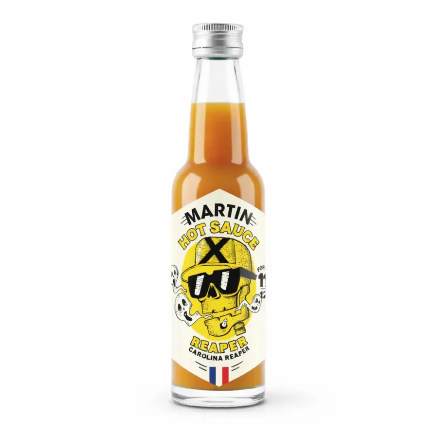 Sauce piquante Martin française au Carolina Reaper jaune 40%, bouteille en verre design premium