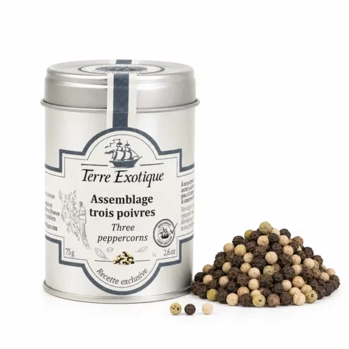 Assemblage trois poivres Terre Exotique 75 g avec mélange de poivres en grains – épice en boîte métal