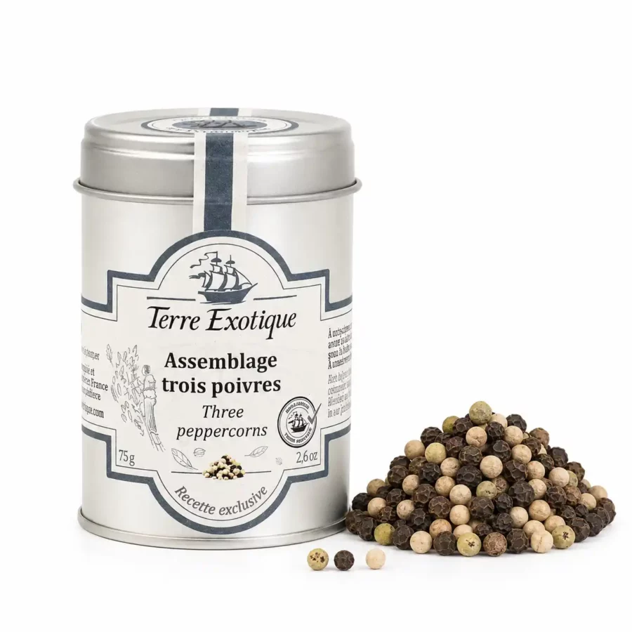 Assemblage trois poivres Terre Exotique 75 g avec mélange de poivres en grains – épice en boîte métal