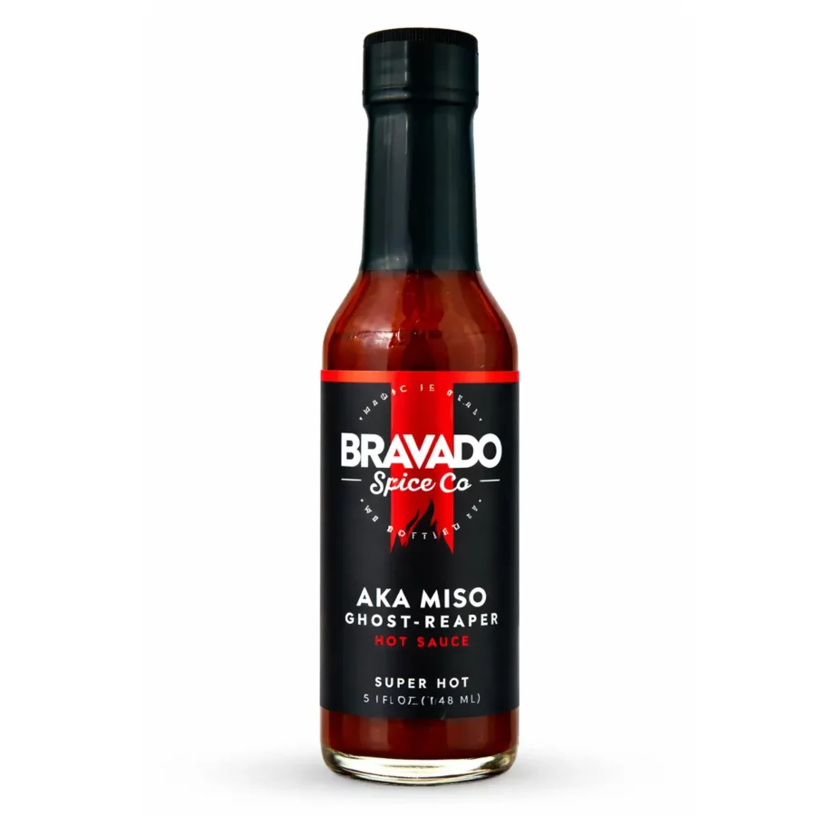 Bravado Aka Miso Ghost Reaper sauce hot ones piquante japonaise aux 7 épices Togarashi miso umami 110000 SHU bouteille noire
