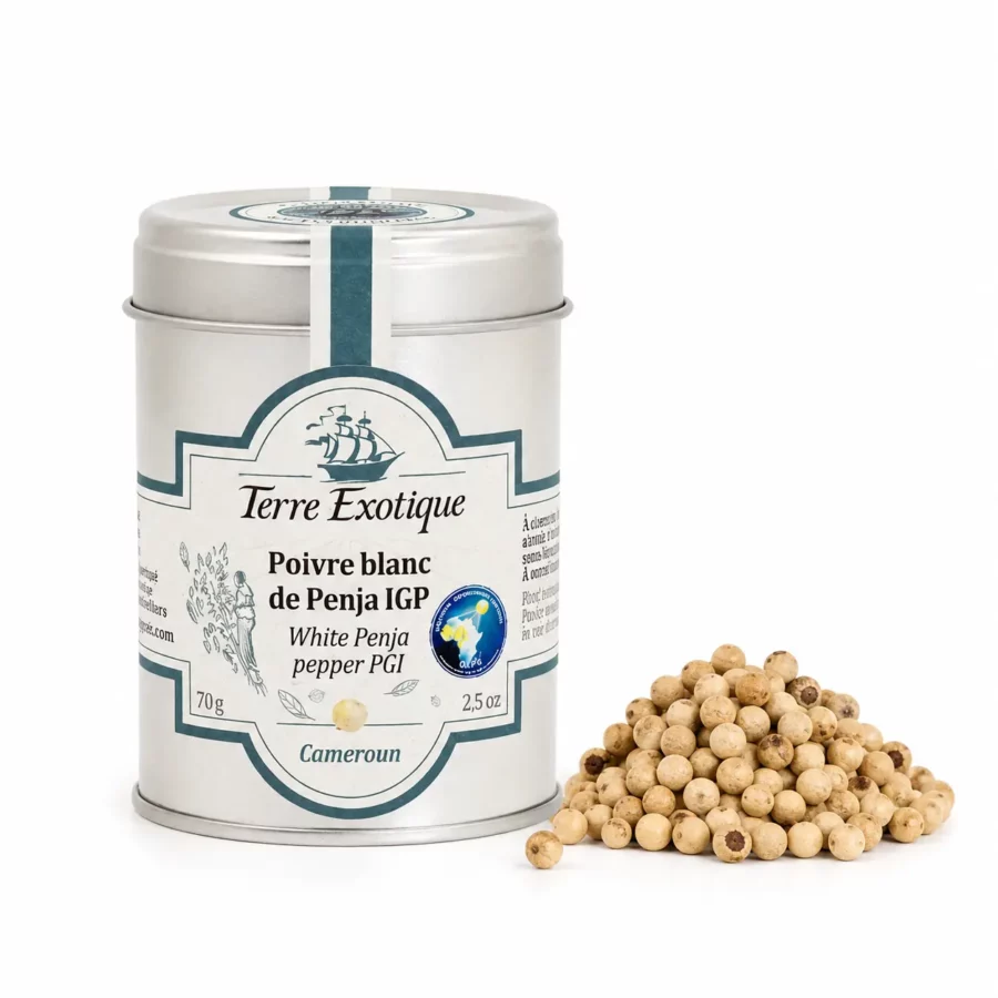 Poivre blanc de Penja IGP Terre Exotique 70 g avec grains de poivre – épice du Cameroun en boîte métal