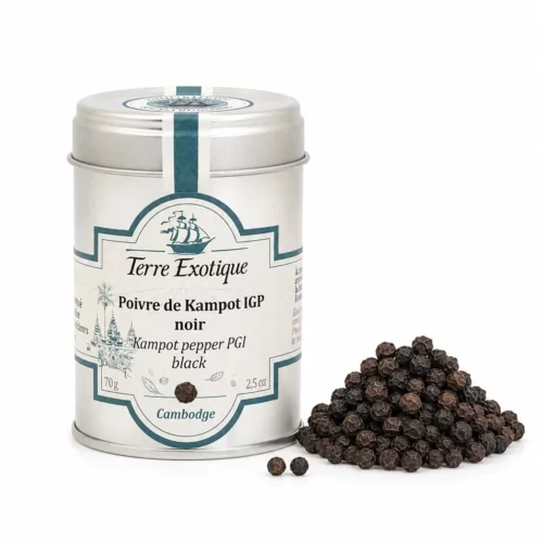 Poivre noir de Kampot IGP Terre Exotique 70 g avec grains de poivre – épice du Cambodge en boîte métal