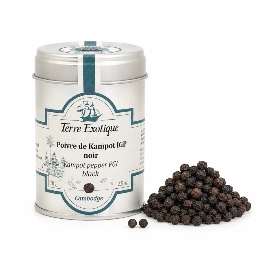 Poivre noir de Kampot IGP Terre Exotique 70 g avec grains de poivre – épice du Cambodge en boîte métal