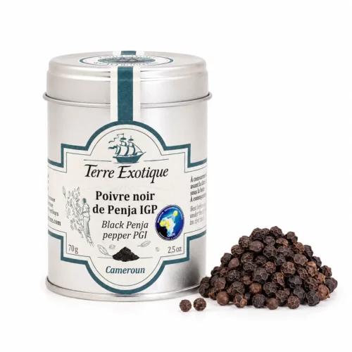 Poivre noir de Penja IGP Terre Exotique 70 g avec grains de poivre noir – épice du Cameroun en boîte métal