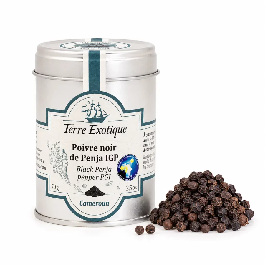 Poivre noir de Penja IGP Terre Exotique 70 g avec grains de poivre noir – épice du Cameroun en boîte métal
