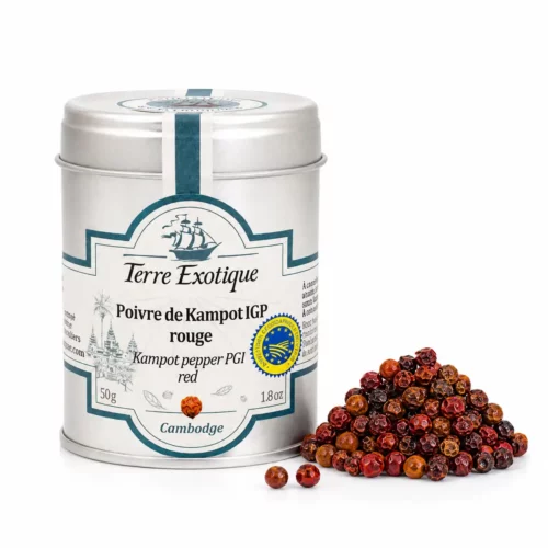 Poivre rouge de Kampot IGP Terre Exotique 50 g avec grains de poivre rouge – épice du Cambodge en boîte métal
