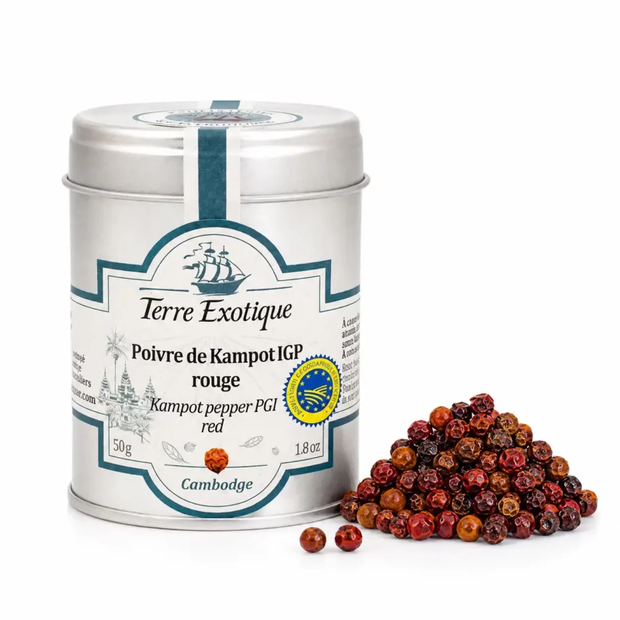 Poivre rouge de Kampot IGP Terre Exotique 50 g avec grains de poivre rouge – épice du Cambodge en boîte métal