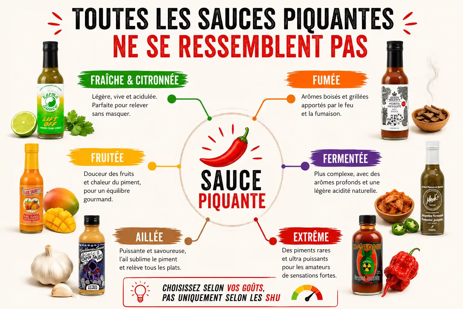 Les différents profils aromatiques d'une sauce piquante : fumée, fruitée, fermentée, aillée, fraîche et extrême