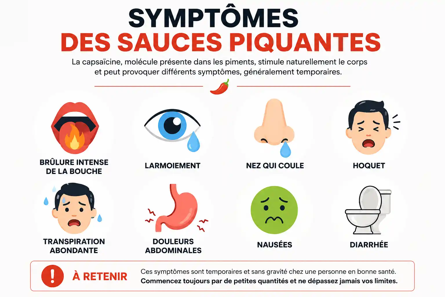 Infographie expliquant les principaux symptômes liés au danger d'une sauce piquante consommée en excès : brûlure de la bouche, larmoiement, transpiration, douleurs abdominales, nausées et diarrhée.