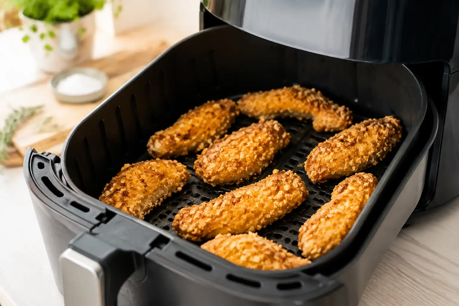 Tenders façon Hot Ones croustillants en cours de cuisson dans le panier d’un Air Fryer