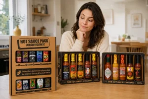 Femme hésitant entre trois coffrets de sauces piquantes disposés sur une table, decouvrez notre guide