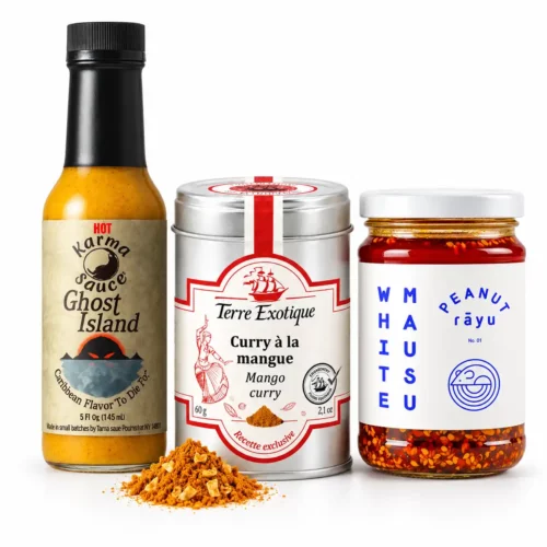 Découvrez le coffret gourmand Tropical Vibes : sauce piquante au fruit de la passion, curry à la mangue et huile crunchy à la cacahuète