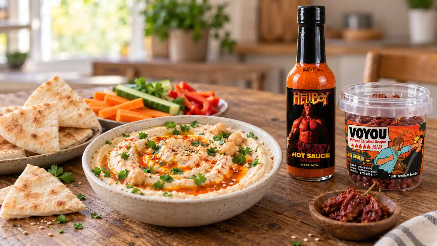 Pour un apéro réussi et haut en couleur, préparez un houmous traditionnel, savoureux et brûlant, recette rapide et facile.